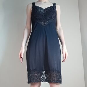 Black Satin V Shape Lace Slip Dress